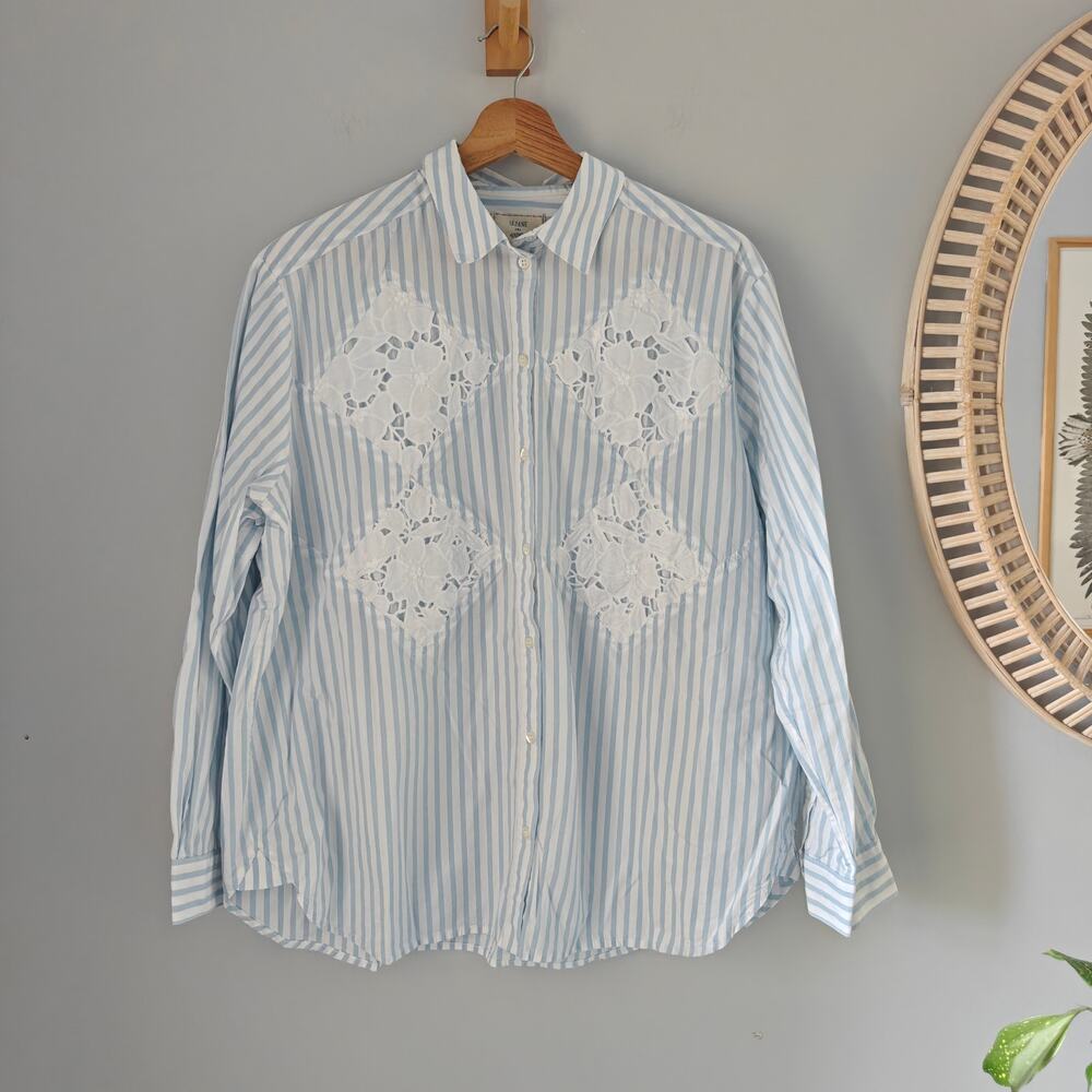 SEZANE x Andion Maxy Shirt Ecru Blue Stripe Lace Detail Size 40/US 8 EUC